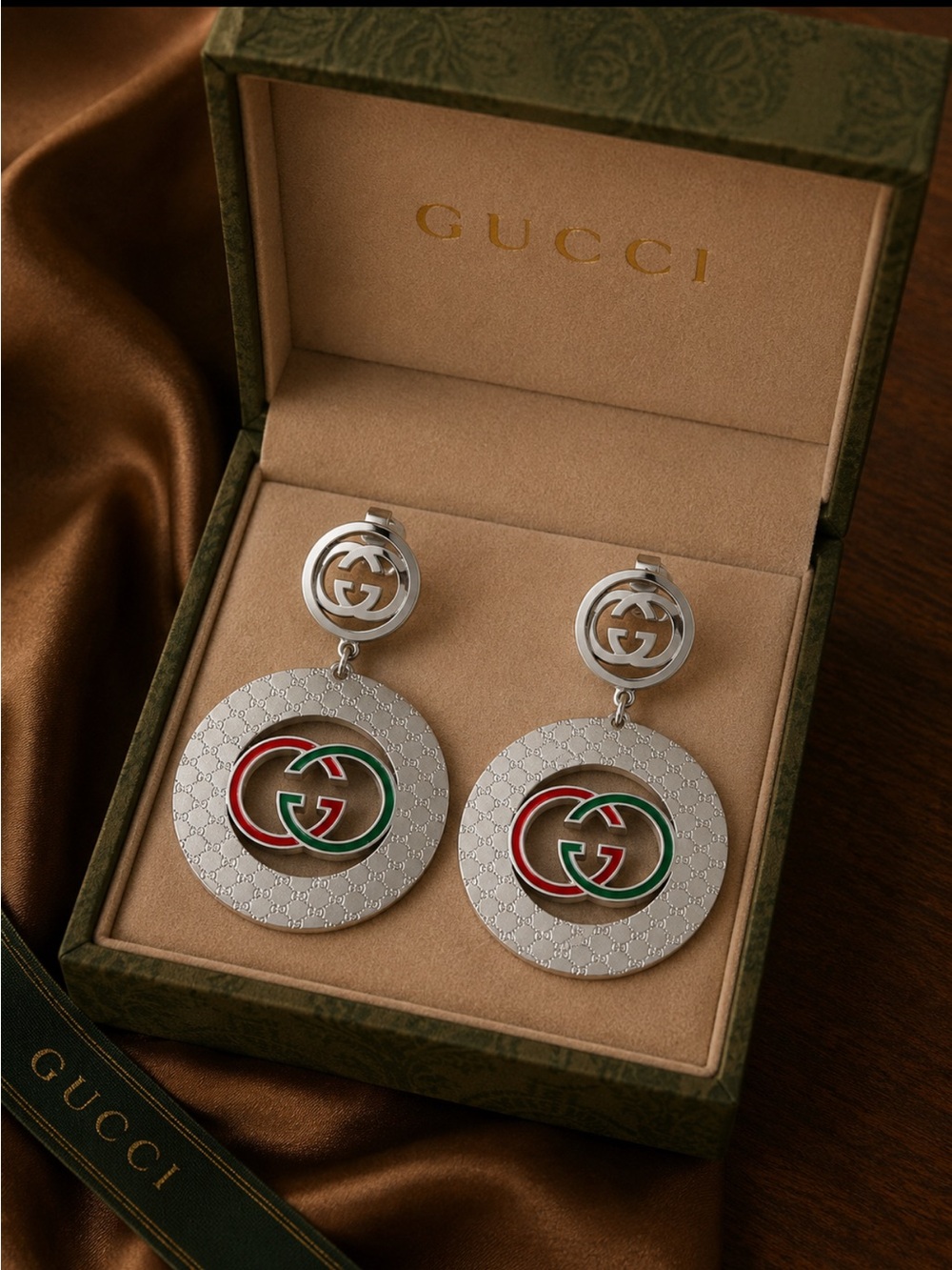 Silver-tone Double G Red & Green Enamel Drop Earrings